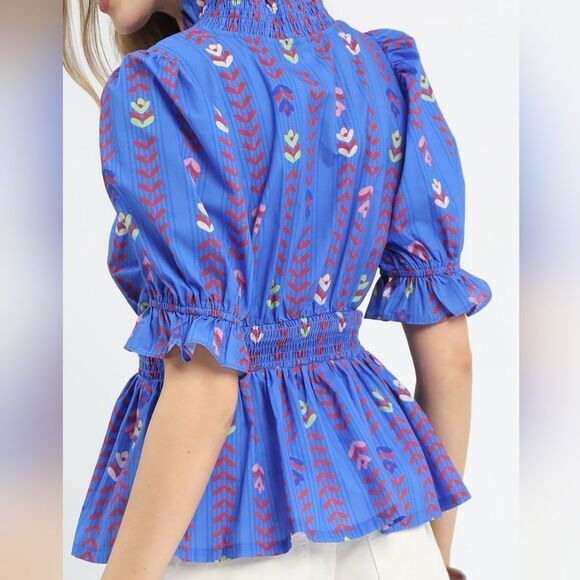 Umgee USA  Printed Half Sleeve Peplum Blouse Vibrant Blue CottageCore S M L - Picture 5 of 5